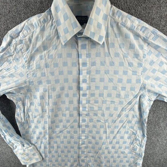 Kenzo Geometric 15.5 Homme Cotton Blue Mens Button Up Long Sleeve Shirt Spread - Picture 1 of 16